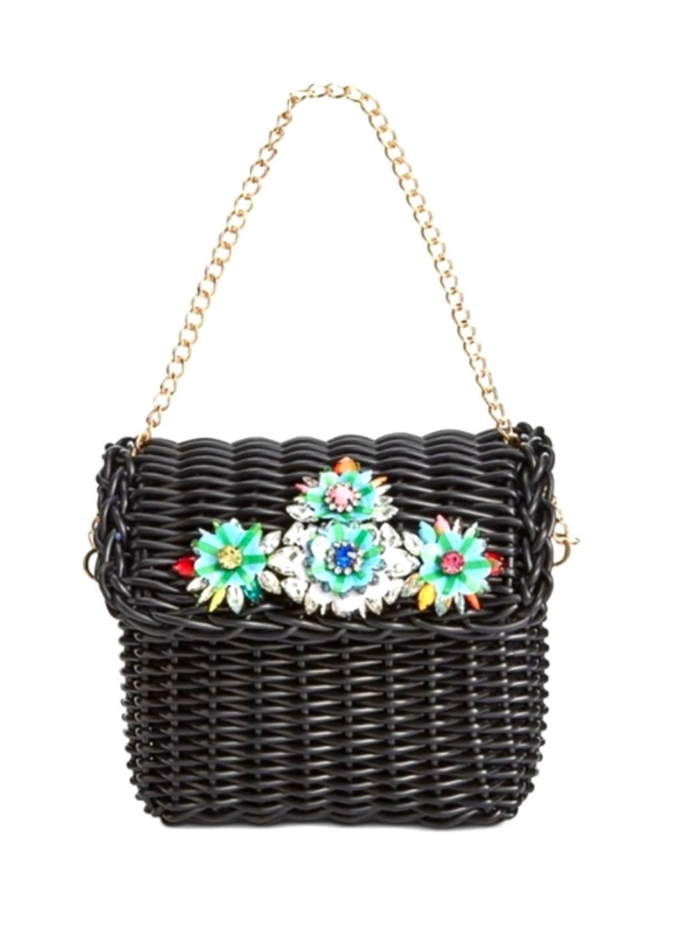 Betsey Johnson Black Wicker Basket Floral Jeweled Convertible Bag NWT